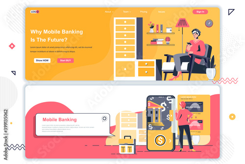 Mobile banking landing pages set. Money transaction, manage and payment corporate website. Flat vector illustration with people characters. Web concept use as header, footer or middle content.