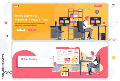 Online banking landing pages set. Financial accounting and payment service corporate website. Flat vector illustration with people characters. Web concept use as header, footer or middle content.