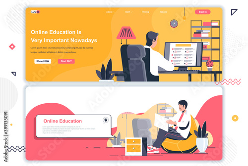 Online education landing pages set. Distance learning, educational webinar corporate website. Flat vector illustration with people characters. Web concept use as header, footer or middle content.