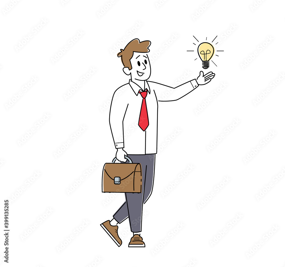 Businessman with Creative Idea, Business Vision, Educational Process and Motivation. Young Male Character and Light Bulb Businessman with Creative Idea, Business Vision, Educational Process and Motivation. Young Male Character and Light Bulb