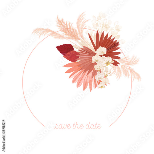 Boho floral wedding vector frame. Watercolor pampas grass, orchid flowers, dry palm leaves border template