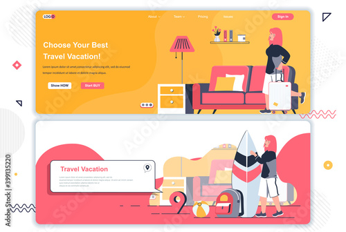 Travel agency landing pages. Online tour reservation, booking of tickets corporate website. Flat vector illustration with people characters. Web concept use as header, footer or middle content.