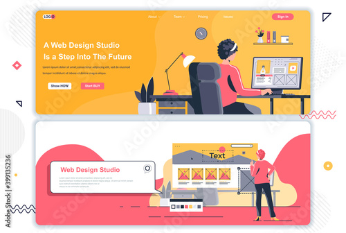 Web design studio landing pages set. Creative website design, prototyping and usability. Flat vector illustration with people characters. Web concept use as header, footer or middle content.