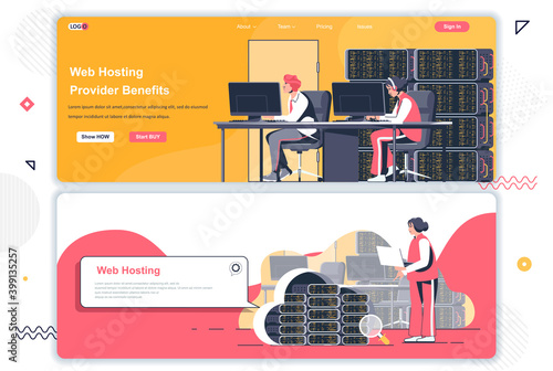 Web hosting provider landing pages set. Data center, cloud storage service corporate website. Flat vector illustration with people characters. Web concept use as header, footer or middle content.