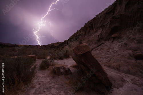 Lightning at night in the badlands