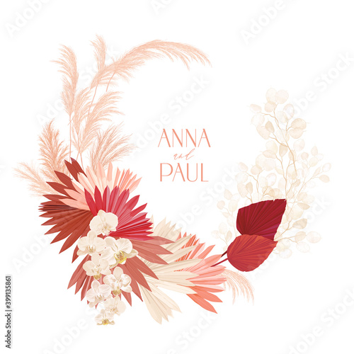 Wedding dried lunaria, orchid, pampas grass floral wreath. Vector Exotic dried flowers, palm leaves boho invitation