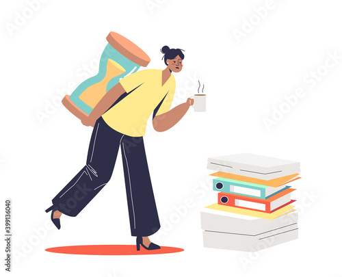 Female worker overloaded with paperwork and deadlines. Office slavery concept