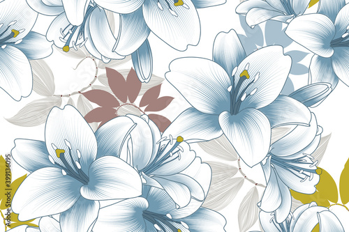 Colorful floral seamless pattern with blue flowers of lilies. Vector illustration.