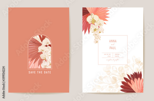 Wedding dried lunaria, orchid, pampas grass floral Save the Date set. Vector exotic dry flower, palm leaves boho