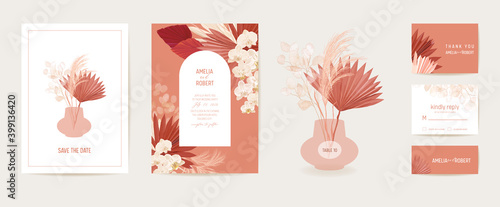 Modern minimal Art Deco wedding vector Invitation set. Boho orchid, pampas grass, lunaria card template