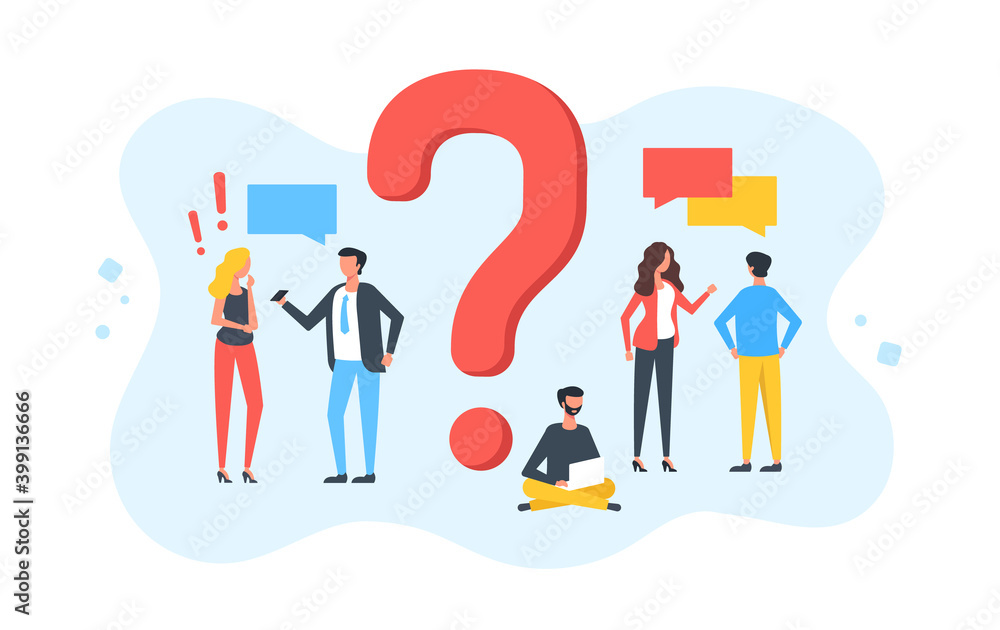 Question. Group of talking people with speech bubbles and giant question mark. Customer service, frequently asked questions, technical support, FAQ concepts. Modern flat design. Vector illustration Question. Group of talking people with speech bubbles and giant question mark. Customer service, frequently asked questions, technical support, FAQ concepts. Modern flat design. Vector illustration