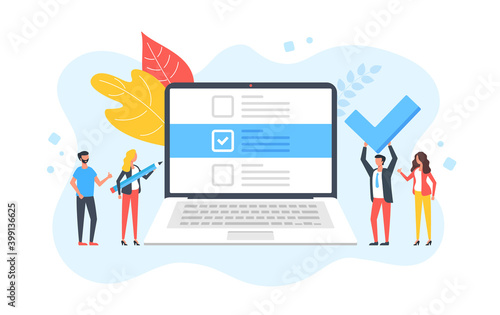 Checklist. Group of people and laptop with check list on screen. Online survey, complete tasks, to-do list, success, filling form, questionnaire concepts. Modern flat design. Vector illustration
