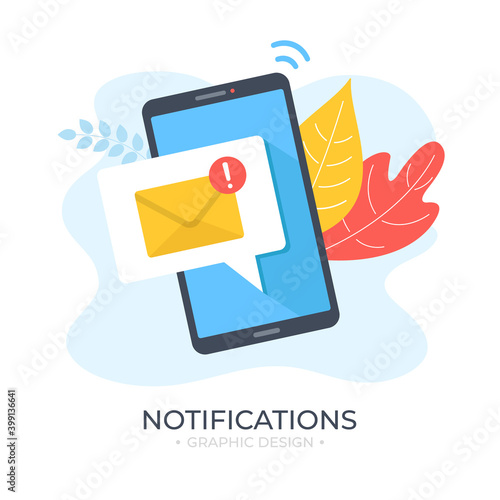 Notification. Mobile phone and email message on screen. E-mail, unread messages, new notification, receive letter, online messaging, mail, newsletter concepts. Modern flat design. Vector illustration
