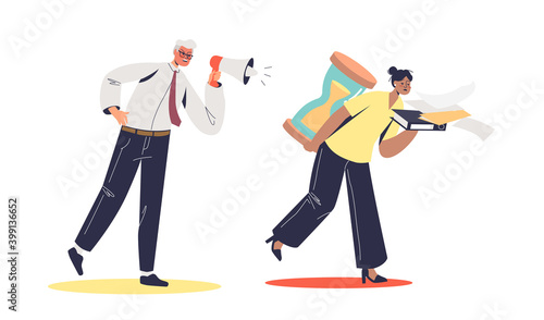 Businessman screaming at overworked businesswoman with paperwork and deadline burden