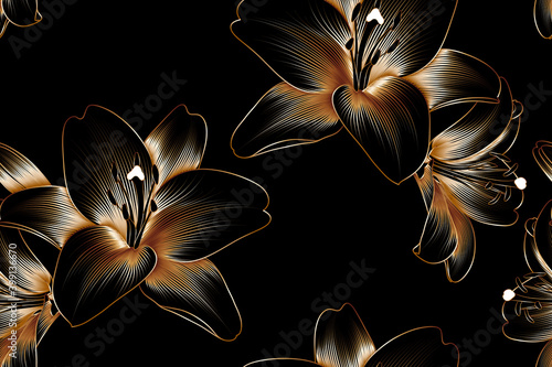 Vintage luxury seamless floral background with golden lilies flowers. Romantic pattern template for wall decor, wallpaper, wedding invitations, ceremonies, cards.