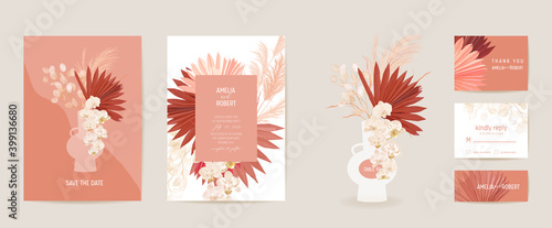 Watercolor orchid, pampas grass, lunaria floral wedding card. Vector exotic flower, tropical palm leaves invitation