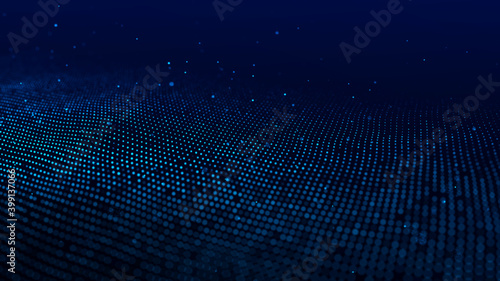 Wave 3d. Wave of particles. Abstract Blue Geometric Background. Big data visualization. Data technology abstract futuristic illustration. 3d rendering. © Vadym