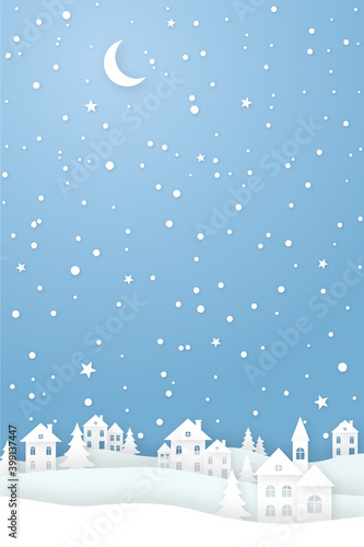 Winter scene with fairy-tale village. Vector Greeting card background.