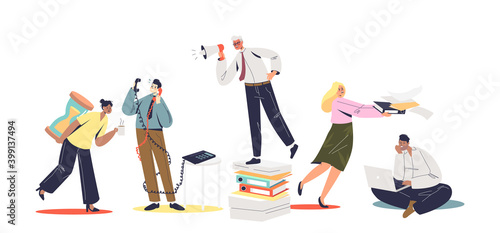 Set of busy and overloaded with paperwork office managers and clerks. Office slavery concept