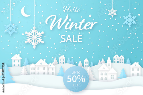 Winter scene with fairy-tale village. Vector shopping background.