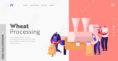Factory Agriculture, Bread Industry Landing Page Template. Wheat Manufacture Process, Characters Producing Flour