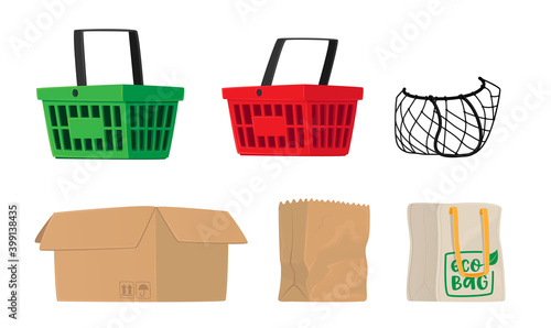 Set of Shopping Bags Isolated on White Background. Carton Box, Plastic Basket, String and Eco Bags Accessories Isolated