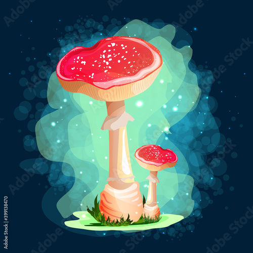 Mushrooms. Amanita. Magic drawings with mushrooms. Against a dark background with uman and fire flashers. A beautiful, mysterious sticker. Modern colors and lines.