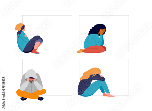 Young people, teenagers, suffering from psychological diseases, anxiety. Girls and boys sitting sad by the window or wall