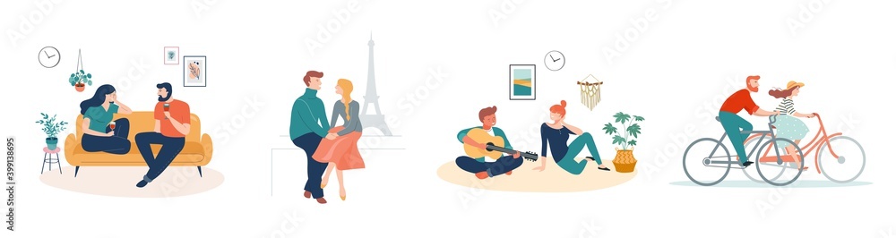 Collection of man and woman cartoons - romantic couple dating. Couples sitting at home or in a coffee shop walking Paris or riding bikes. Flat cartoon colorful vector illustrations