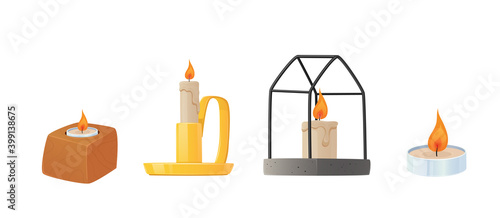 Set Candles in Different Candlestick Isolated on White Background. Burning Aromatic Candles for Spa, Holidays, Elements
