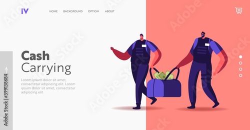 Banking Protection Landing Page Template. Cash-in-transit Guard Collector Characters in Uniform and Bulletproof Vest