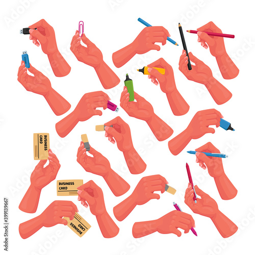 Set of Human Hands with Business Card, Writing Tools Markers, Pen, Pencil and Eraser. Office Supplies or Stationery