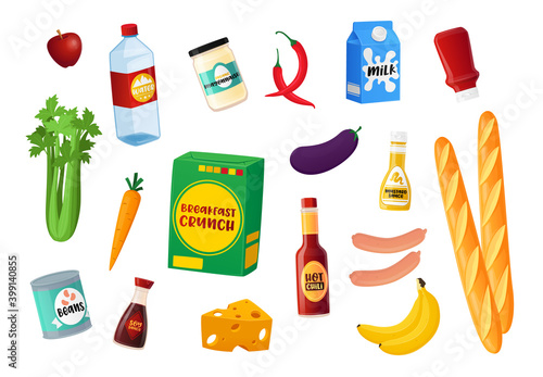 Set of Food Icons, Different Grocery Production Vegetables, Bread and Tin Cans with Packages, Sausages, Greenery or Milk