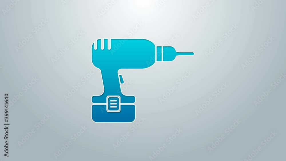 Blue line Drill machine icon isolated on grey background. 4K Video motion graphic animation Blue line Drill machine icon isolated on grey background. 4K Video motion graphic animation