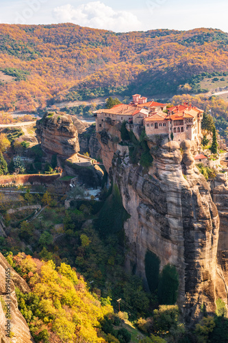 Varlaam monastery, an unesco world heritage site, located on a unique rock formation above the village of Kalambaka during fall season.