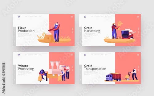 Characters Producing Flour Landing Page Template Set. Wheat Manufacture, Industry. People Growing, Harvesting, Mowing