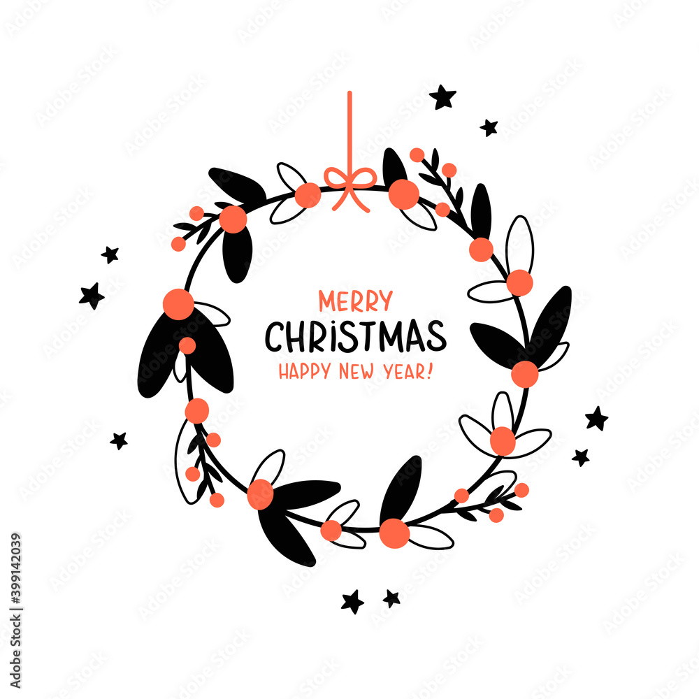 Christmas decoration wreath with Merry Christmas letter, Christmas traditional vector illustration in flat style.