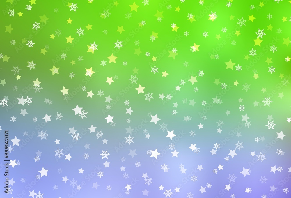 Light Pink, Green vector pattern with christmas snowflakes, stars.