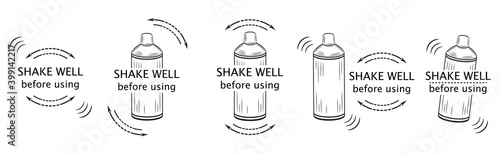 Shake well before using icon set. Shaker bottle outline with arrows and text. Symbol for packaging of spray aerosol сan, drinks, medicines, cosmetics or household chemicals product. Vector on white