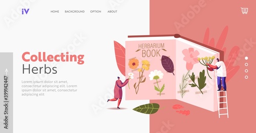 Tiny Male and Female Characters at Huge Book for Collecting Herbarium. Landing Page Template. People Learning Flora