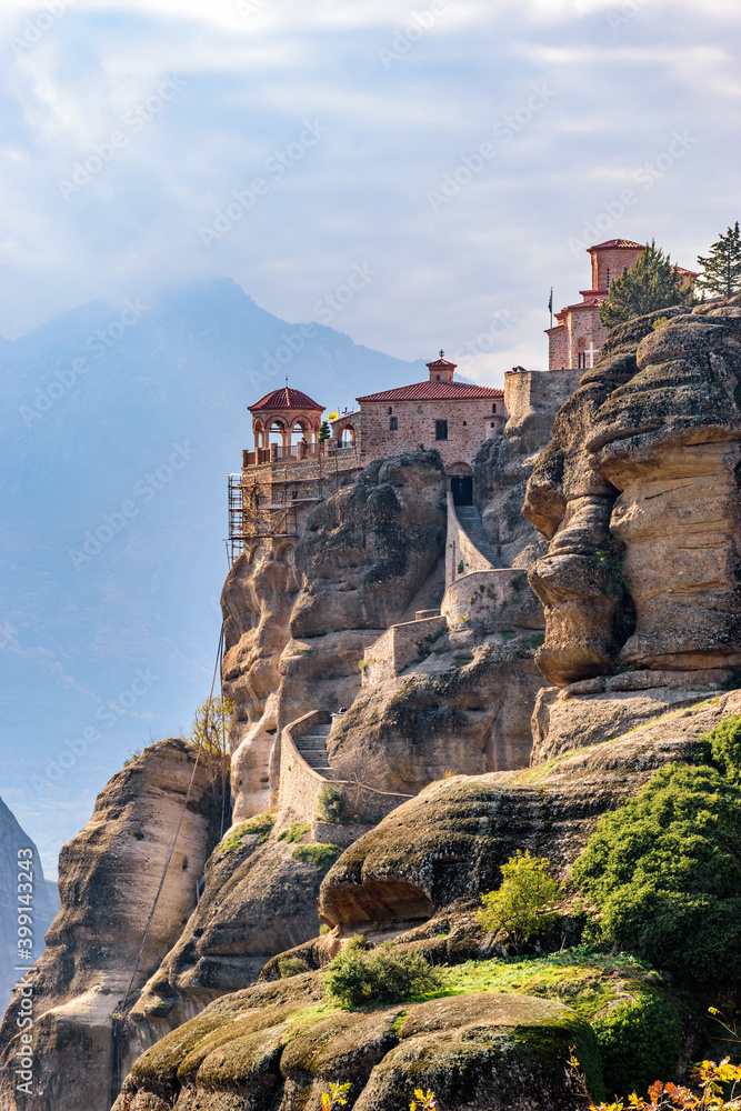 Varlaam monastery, an unesco world heritage site,  located on a unique rock formation  above the village of Kalambaka during fall season.