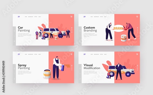 Characters Painting Car Make Airbrushing, Changing Wheels Landing Page Template Set. Automobile Workers in Auto Service