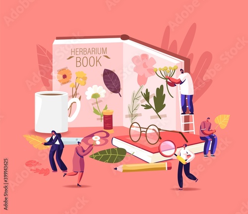 Herbarium Hobby Concept. Tiny Characters Collecting Herbs, Grass and Twigs, Natural Field Plants, People Floral Elements