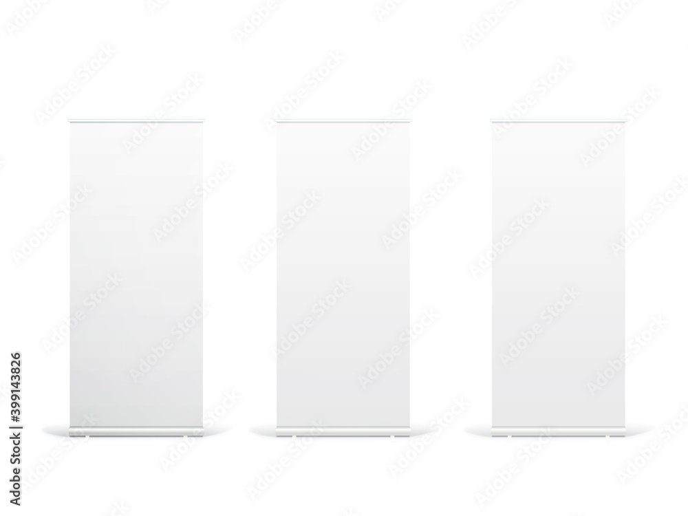 3D illustration. Stand banner mockup isolated on wall background. 3D illustration. Stand banner mockup isolated on wall background.