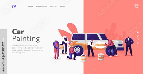 Characters Painting Car Making Airbrushing, Changing Wheels Landing Page Template. Automobile Modification Service