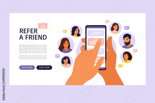 Refer a friend concept with cartoon hands holding a phone with a list of friends contacts. Referral marketing strategy banner, landing page template, ui, web, mobile app, poster, banner, flyer.