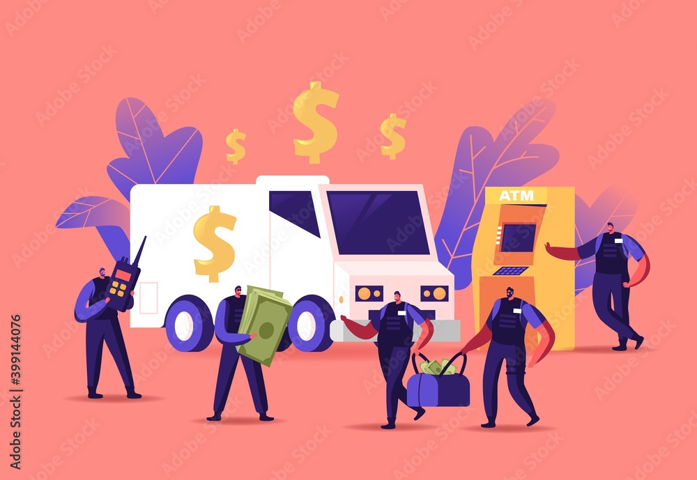 Armed Cash-in-transit Guard Characters Collectors Carry Bags from ATM or Currency Exchange Office. Collecting Cash Armed Cash-in-transit Guard Characters Collectors Carry Bags from ATM or Currency Exchange Office. Collecting Cash