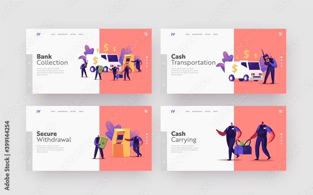 Convoy Job Landing Page Template Set. Armed Guard Characters Collectors Carry Bags from ATM or Currency Exchange Office Convoy Job Landing Page Template Set. Armed Guard Characters Collectors Carry Bags from ATM or Currency Exchange Office