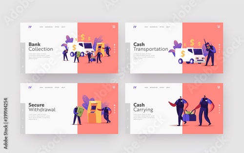 Convoy Job Landing Page Template Set. Armed Guard Characters Collectors Carry Bags from ATM or Currency Exchange Office