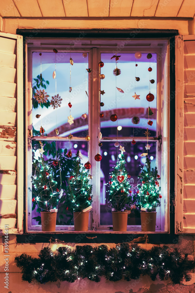 Window decorated for Christmas, view from outside